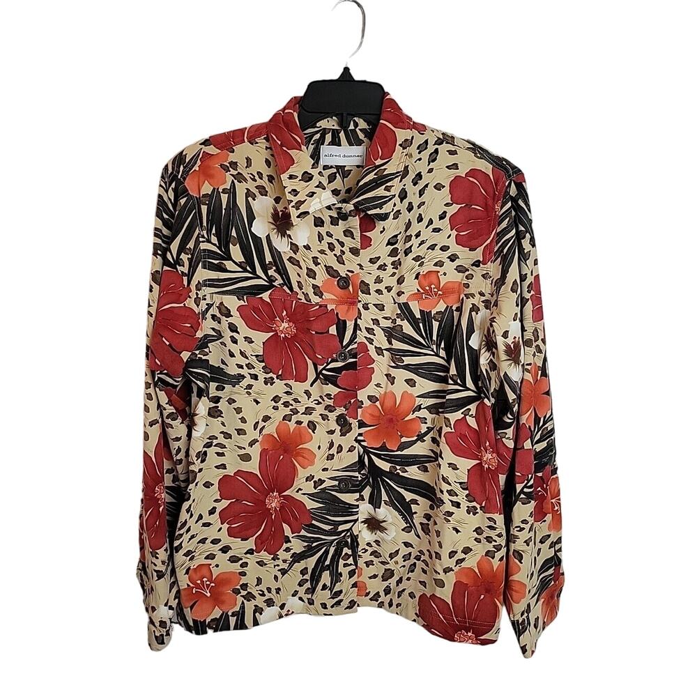 Alfred Dunner Brown Floral Leopard Print Button Front Casual Top Women's Size 16